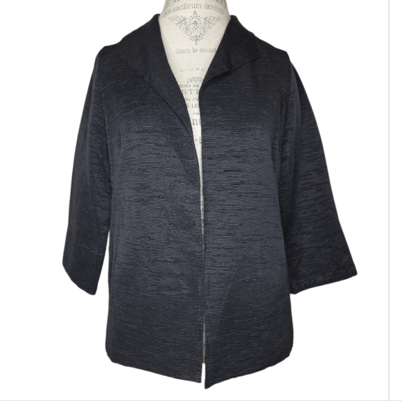Eileen Fisher Black Crinkle Stripe Texture Open Front Blazer Size Small - Picture 1 of 8